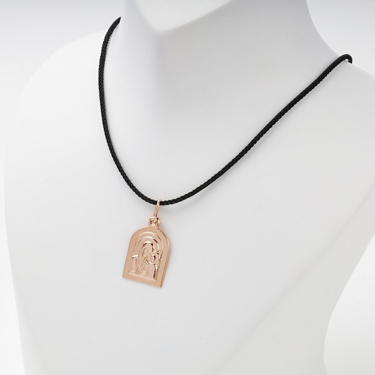 Rose Gold 14K Virgin Mary and Child pendant on display — Kabluchka