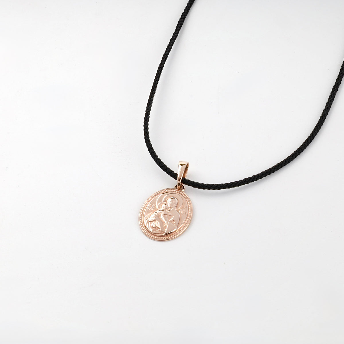 Rose gold 14K oval icon pendant with beaded border