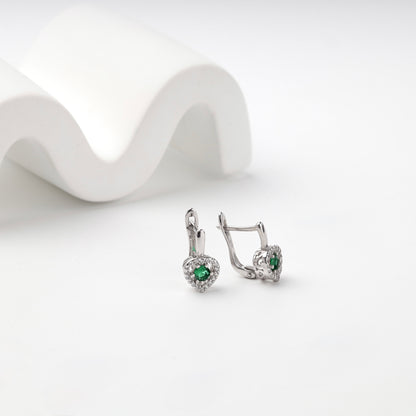 Silver 925 green cubic zirconia heart halo earrings — front and side view — Kabluchka
