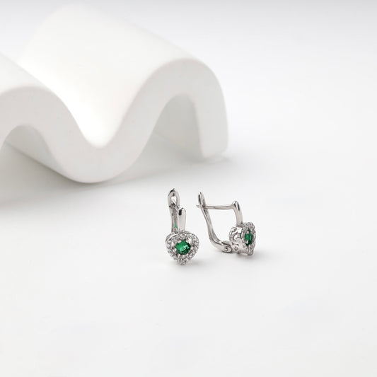 Silver 925 green cubic zirconia heart halo earrings — front and side view — Kabluchka