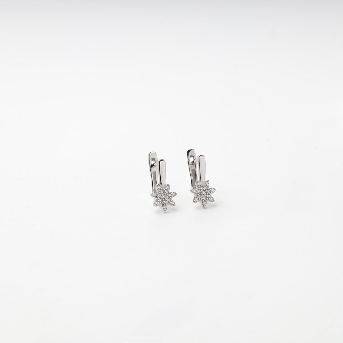 Rhodium-plated Silver 925 cubic zirconia star kids earrings — front view — Kabluchka