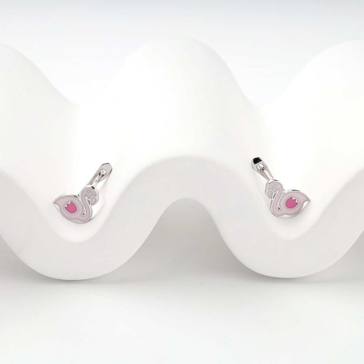 Children's Silver 925 pink enamel swan earrings — Kabluchka