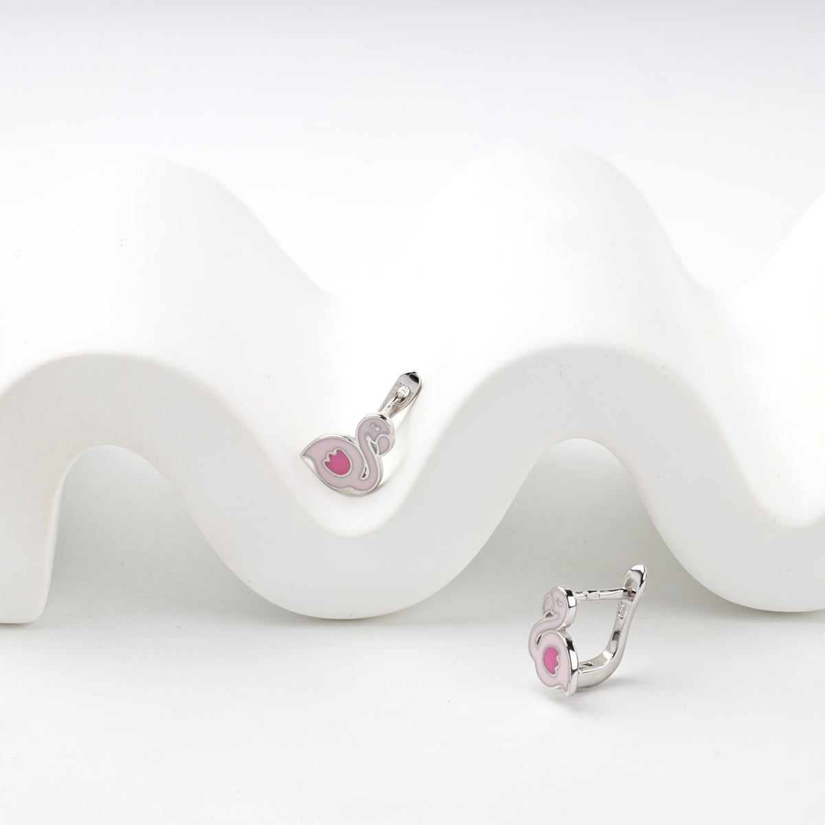 Pink enamel swan earrings with English locks — Kabluchka