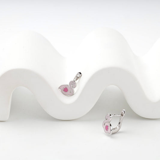 Pink enamel swan earrings with English locks — Kabluchka