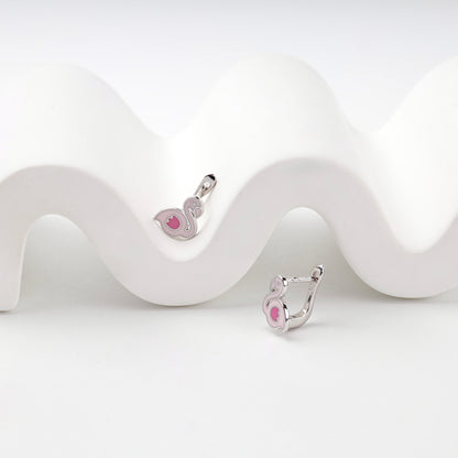 Pink enamel swan earrings display view — Kabluchka