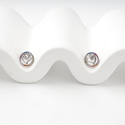 Rhodium-plated Silver 925 multicolor cubic zirconia heart stud earrings