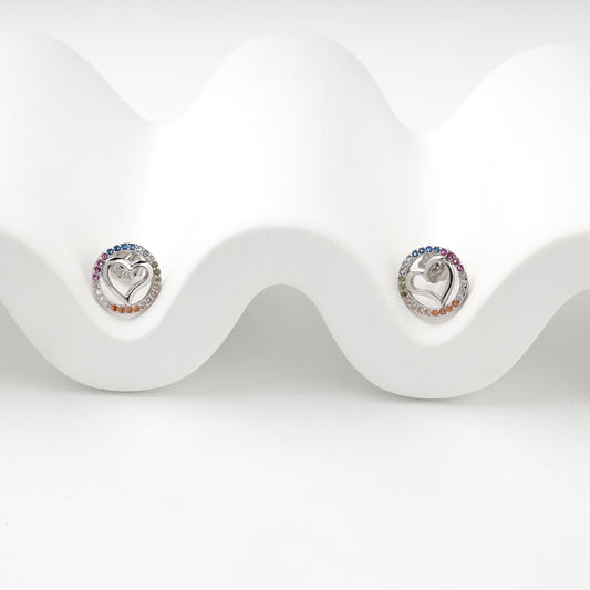 Rhodium-plated Silver 925 multicolor cubic zirconia heart stud earrings