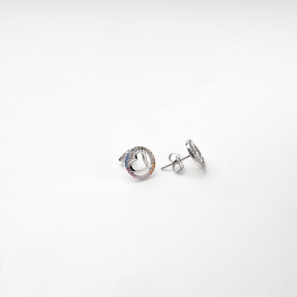 Silver heart stud earrings with rainbow cubic zirconia and push-back fastenings