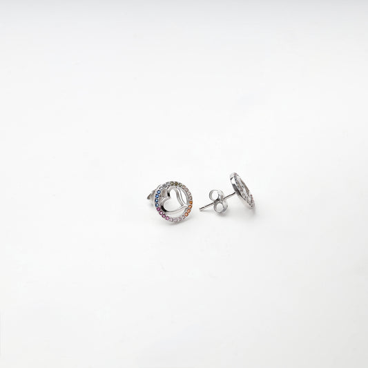 Silver heart stud earrings with rainbow cubic zirconia and push-back fastenings