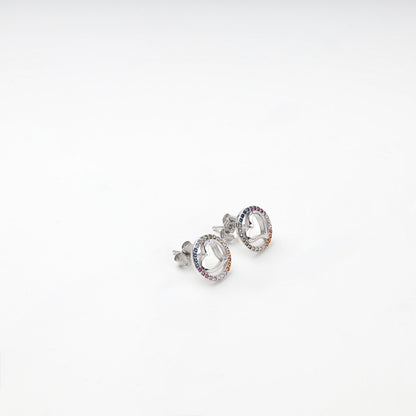 Multicolor cubic zirconia round heart stud earrings, angled view