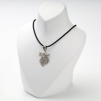 Unisex Silver 925 wolf head pendant on a black styling cord, not included