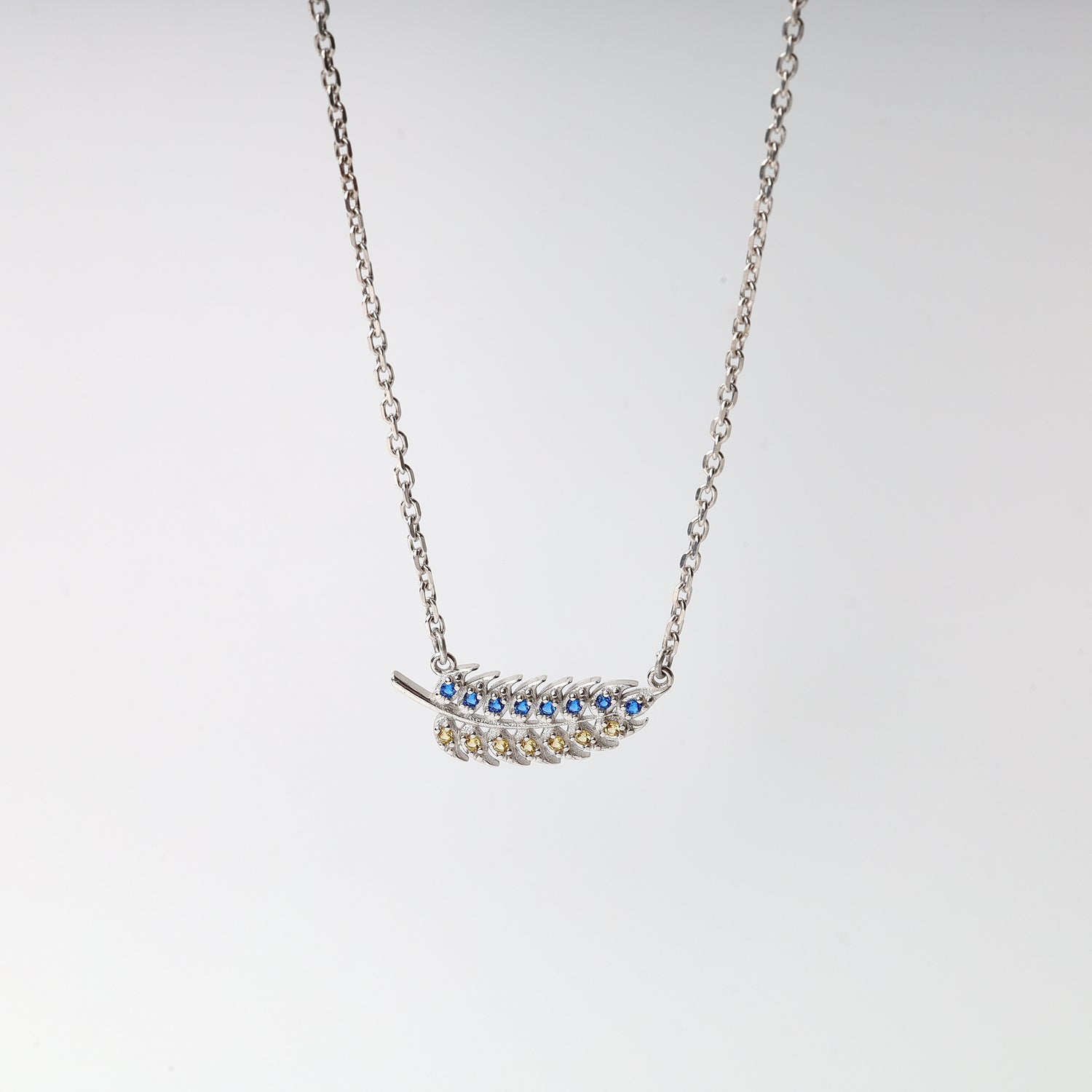 Silver 925 wheat ear necklace with blue yellow cubic zirconia Ukrainian colors - Kabluchka