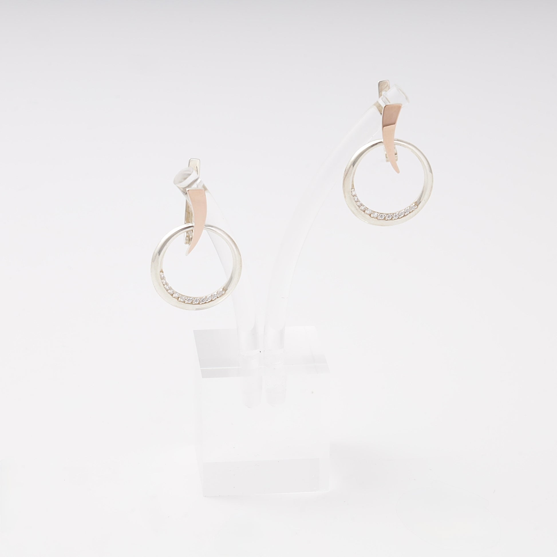 Silver 925 two-tone CZ geometric hoop earrings — view 1 — Kabluchka