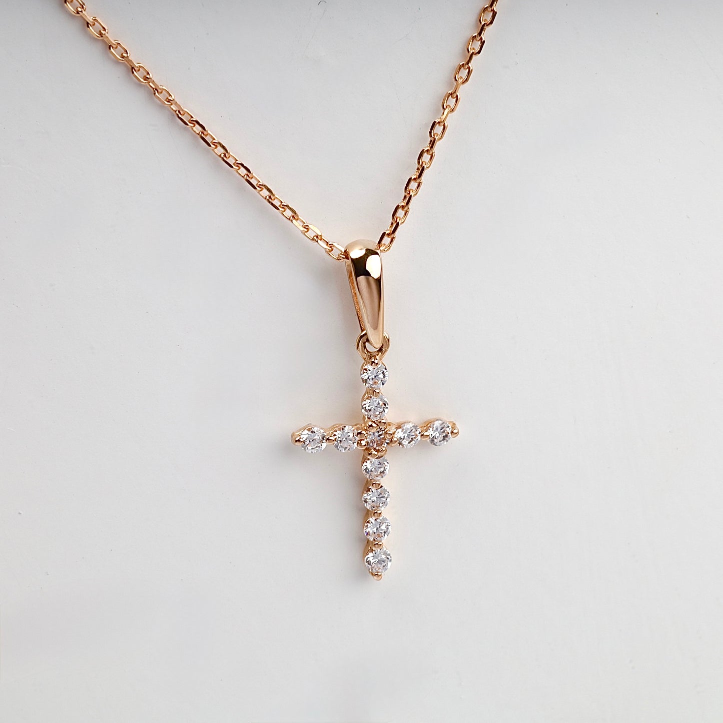 Rose Gold 14K (585) Cubic Zirconia Cross Pendant, product view 3 — Kabluchka