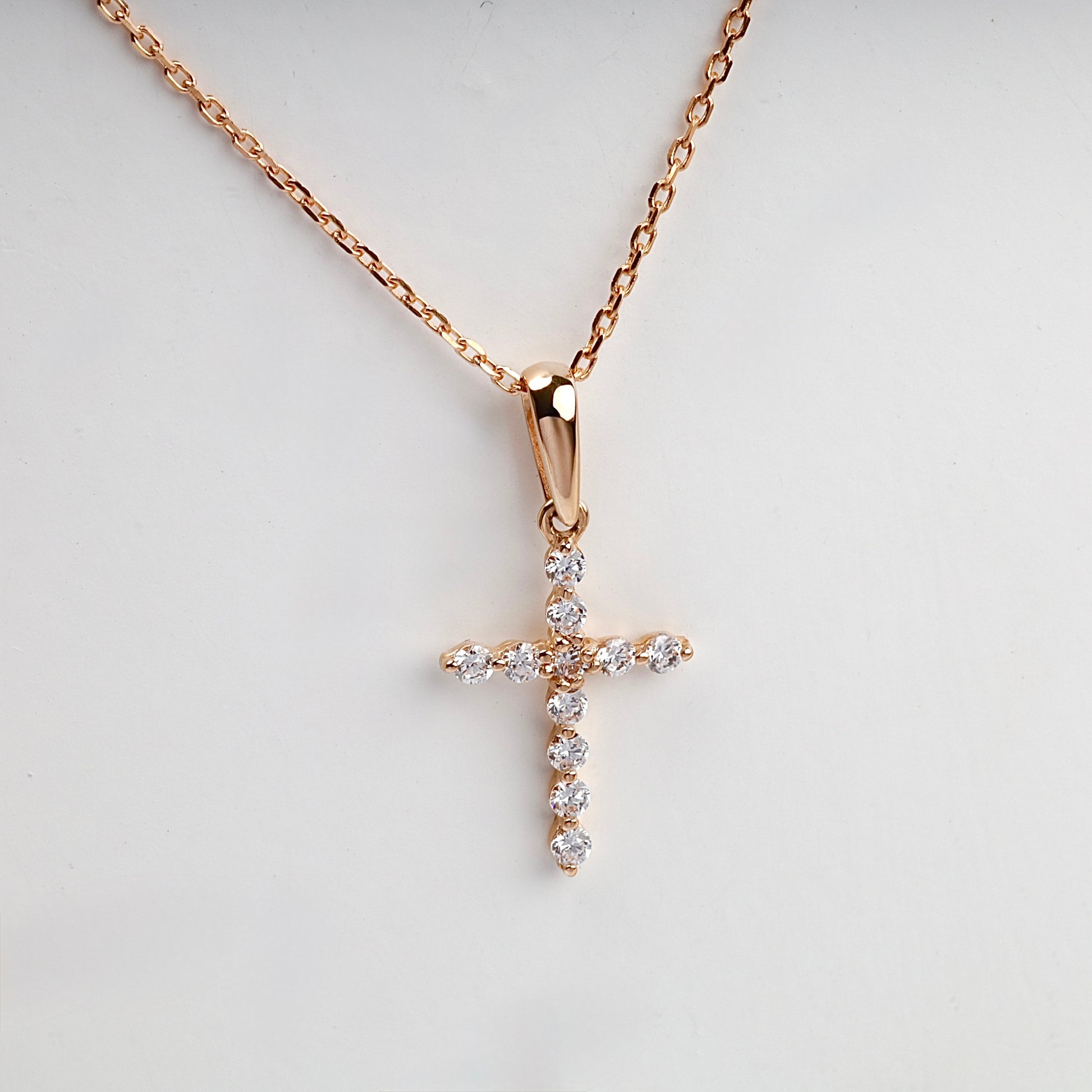 Rose Gold 14K (585) Cubic Zirconia Cross Pendant, product view 3 — Kabluchka