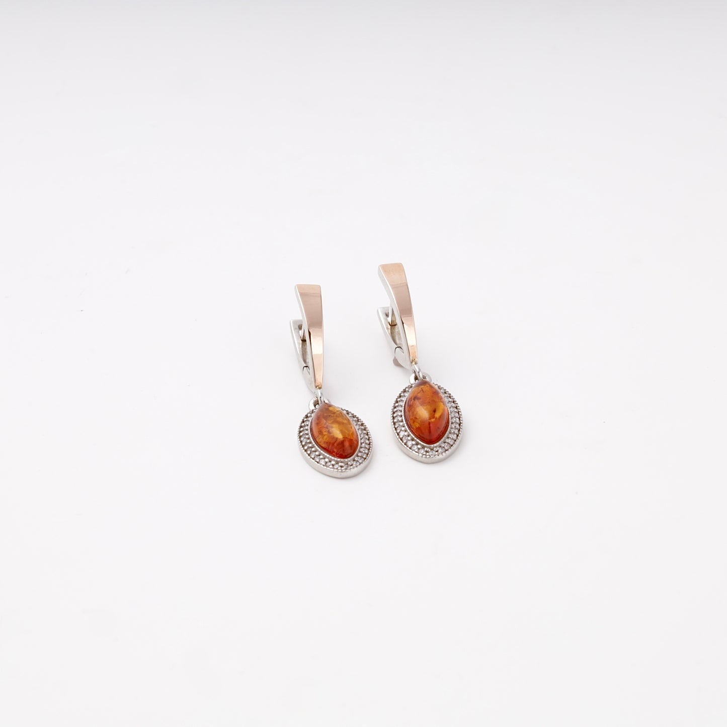 Silver 925 amber and cubic zirconia drop earrings, front view — Kabluchka