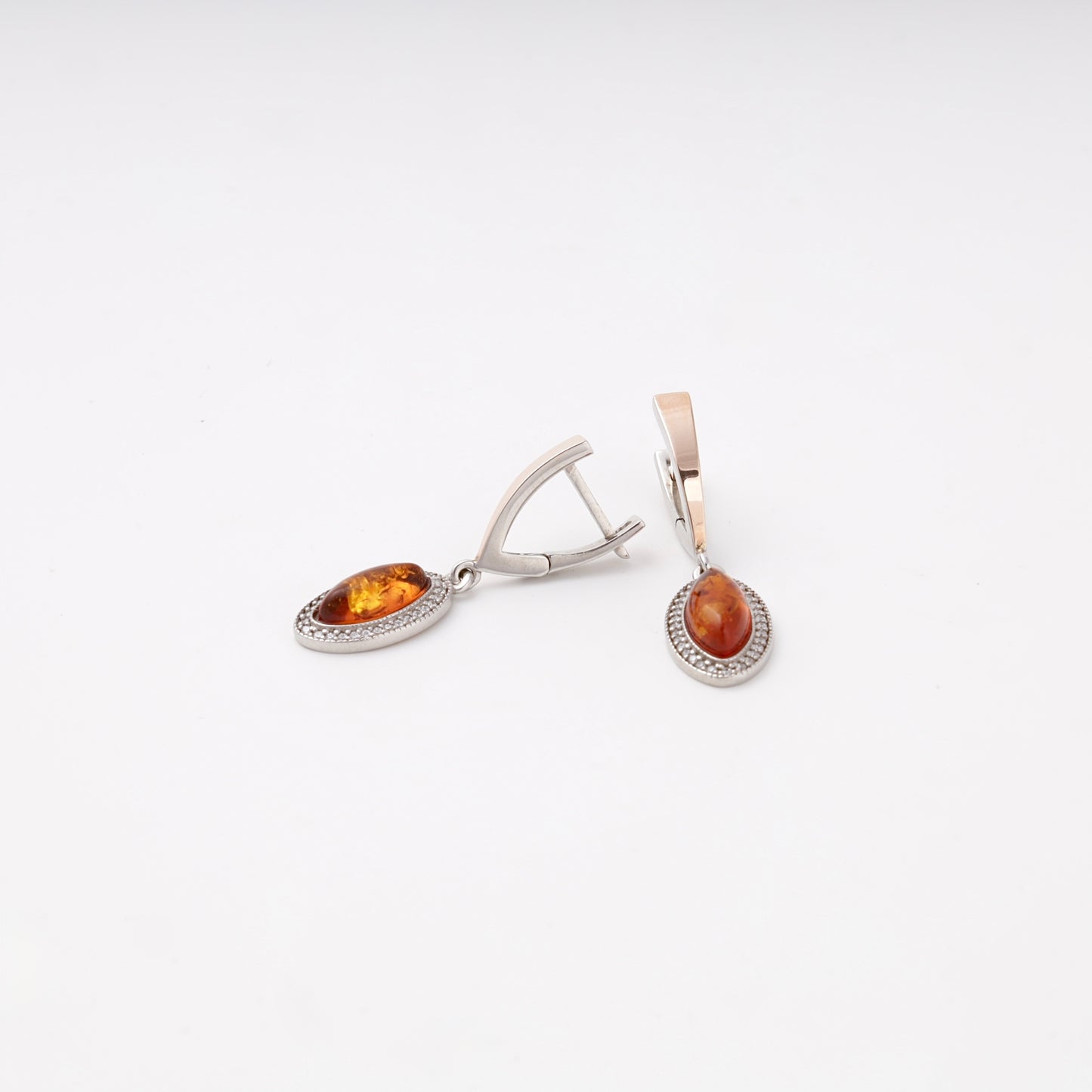 Silver 925 amber drop earrings with open English locks — Kabluchka