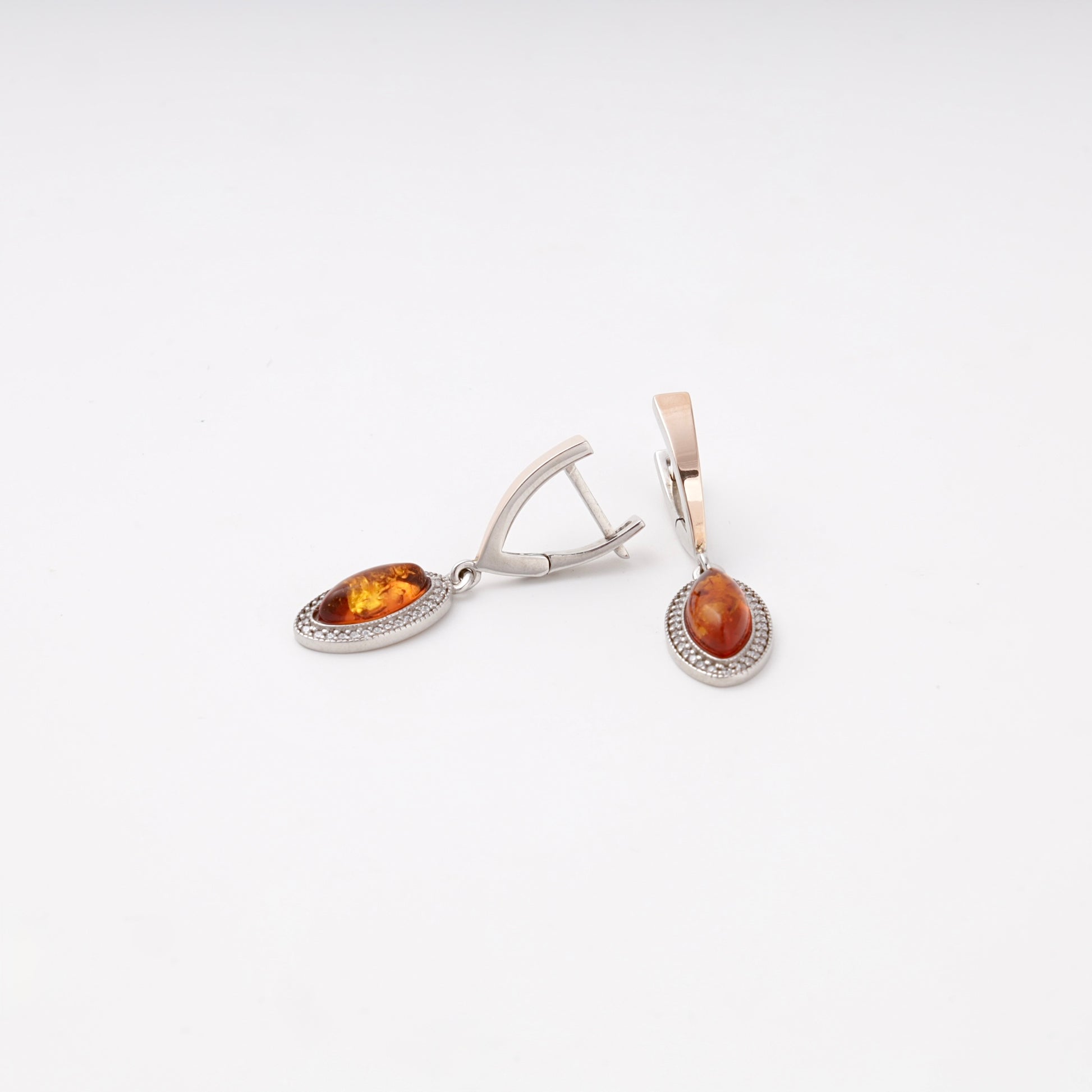 Silver 925 amber drop earrings with open English locks — Kabluchka