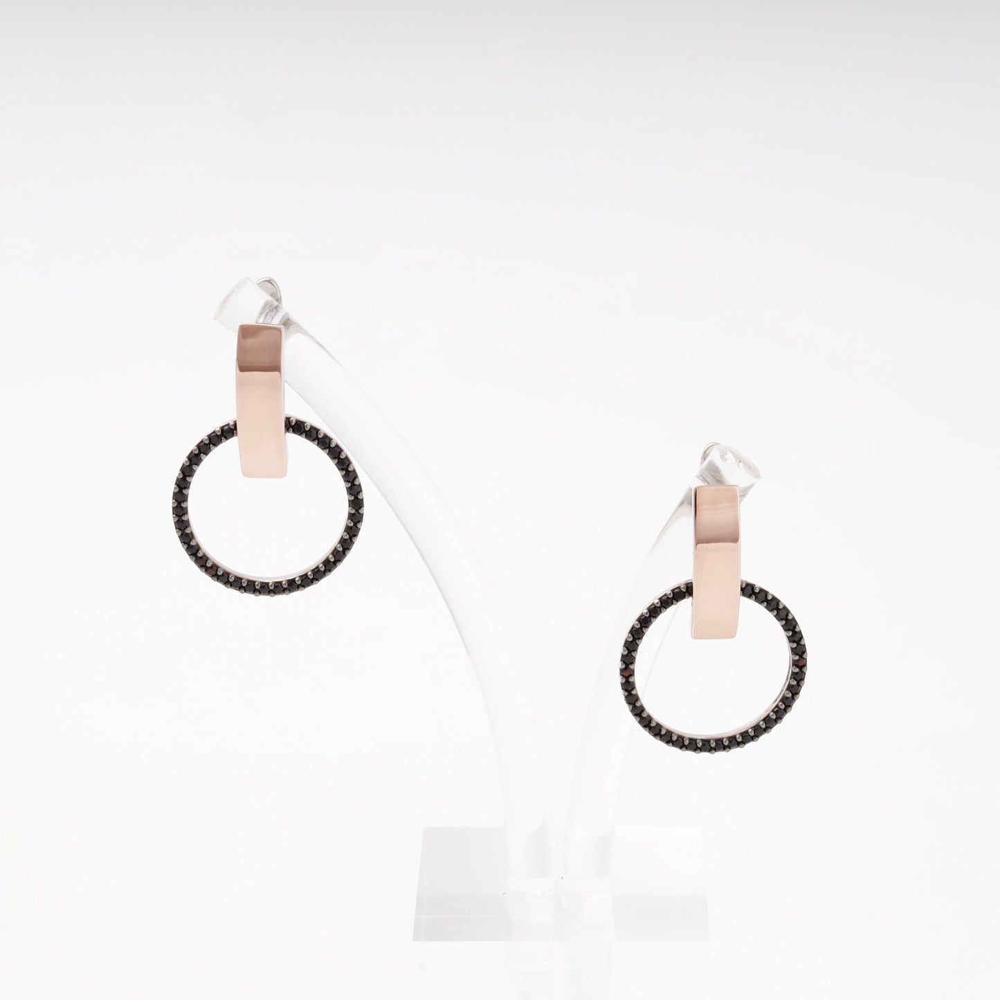 Silver 925 black CZ circle drop earrings, side view — Kabluchka