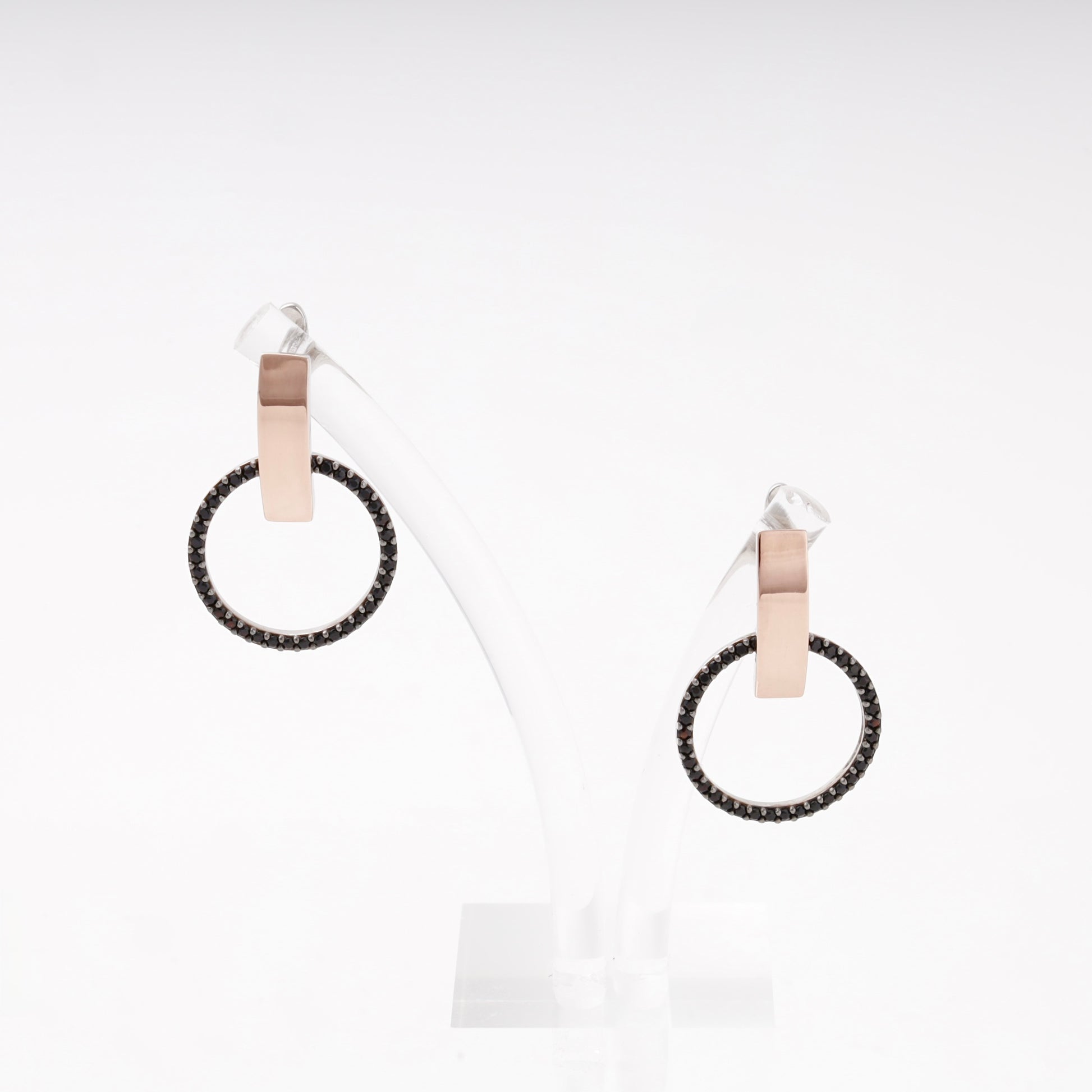 Silver 925 black CZ circle drop earrings, side view — Kabluchka