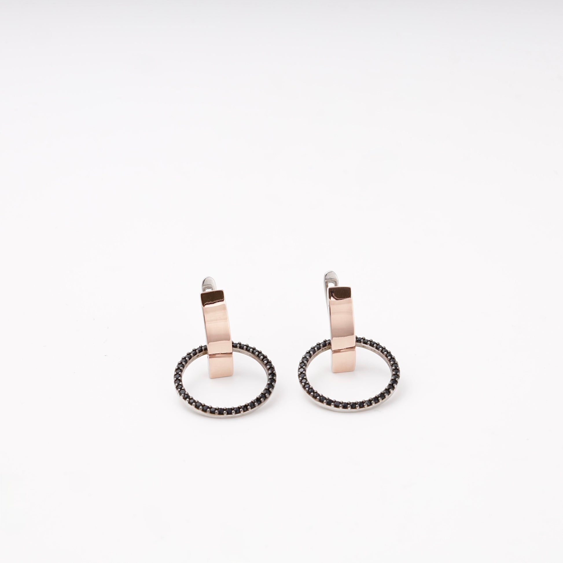 Silver 925 black cubic zirconia circle drop earrings, front view — Kabluchka