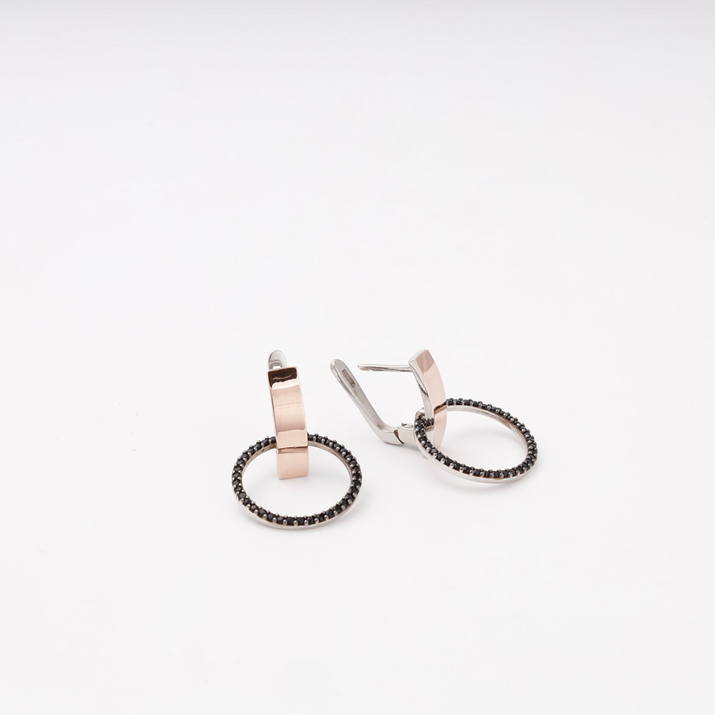 Silver 925 black CZ circle drop earrings with rose gold bar — Kabluchka