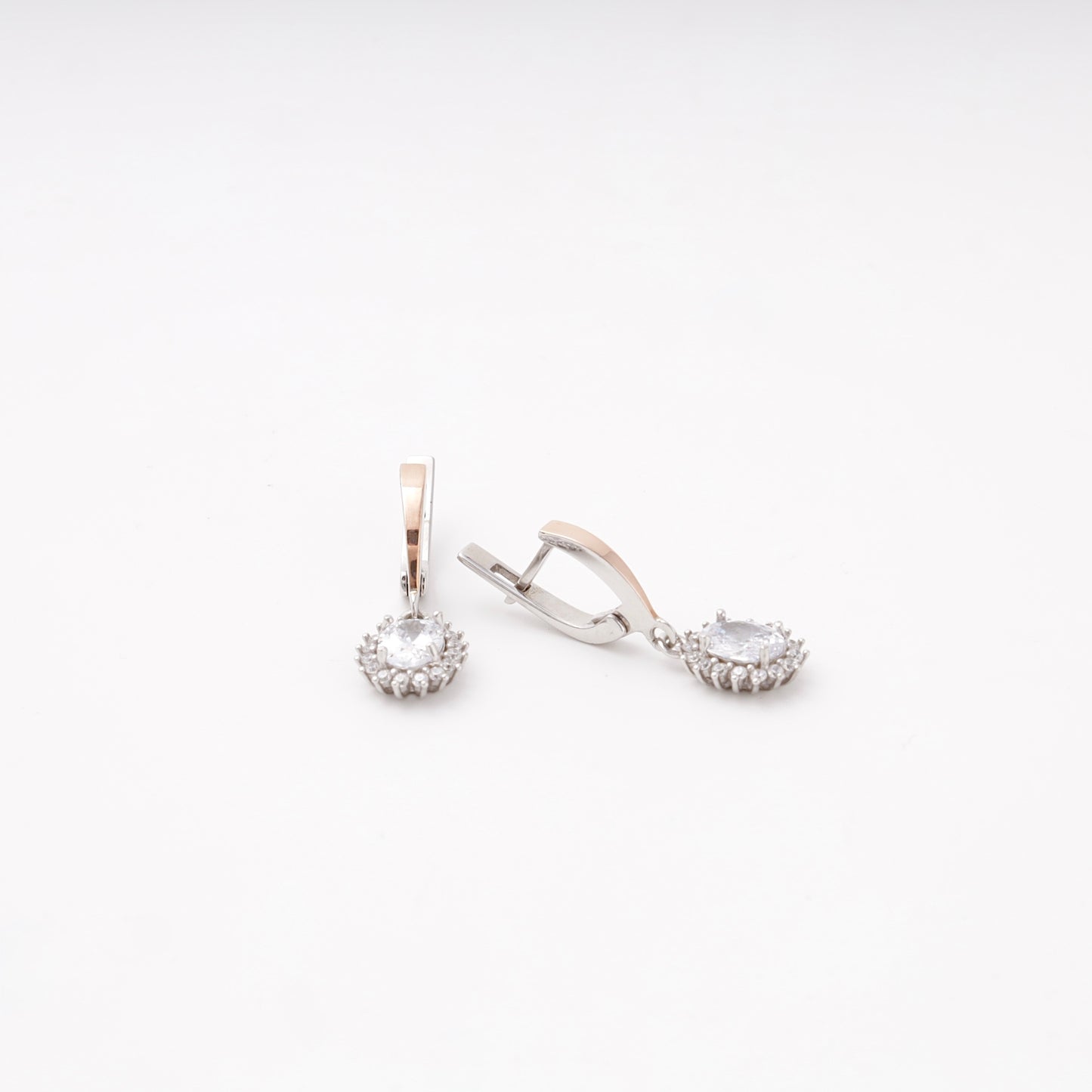 Silver 925 oval halo drop earrings with English lock, side view — Kabluchka
