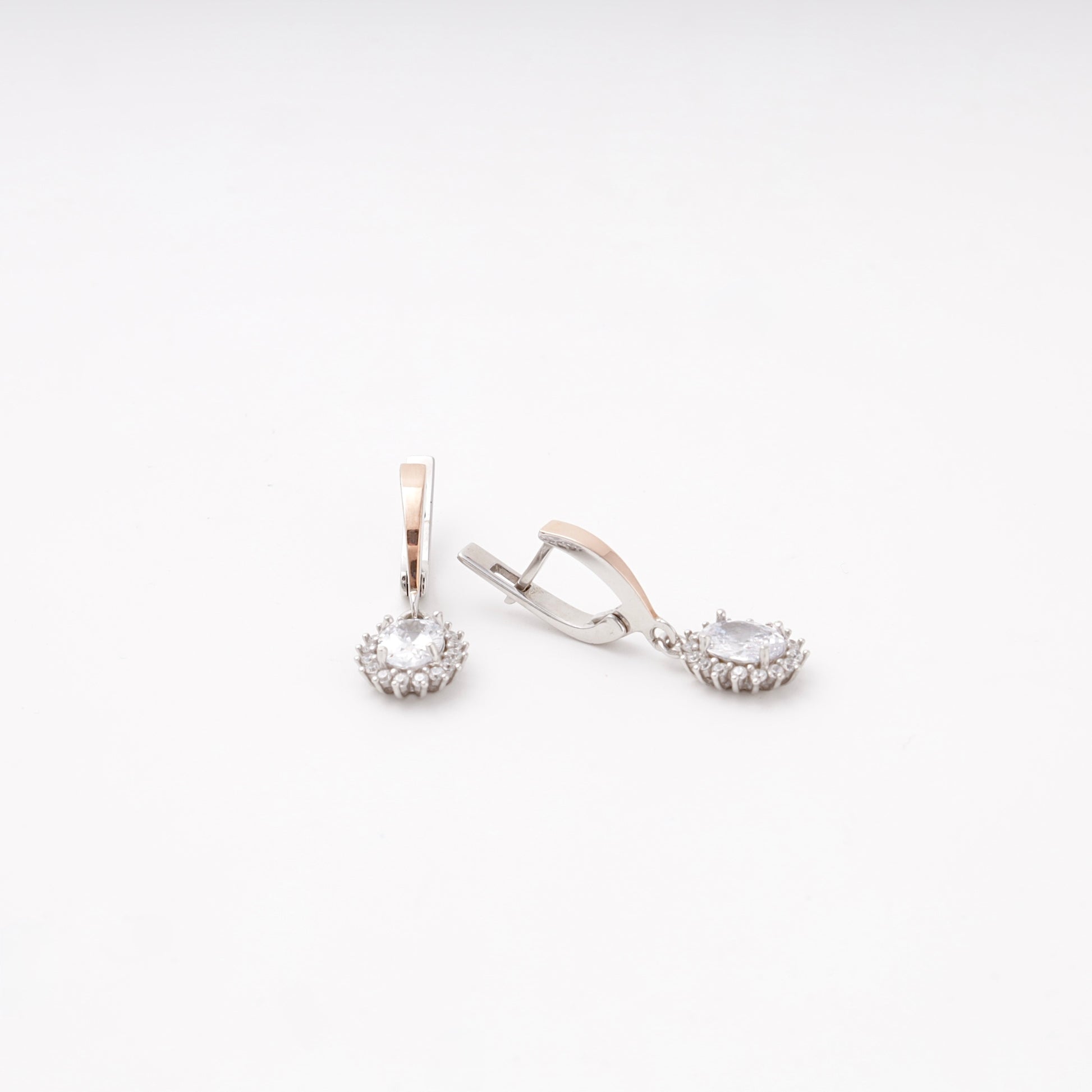 Silver 925 oval halo drop earrings with English lock, side view — Kabluchka