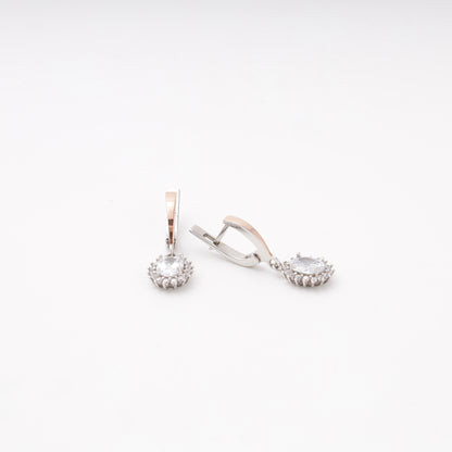 Silver 925 oval halo drop earrings with English lock, side view — Kabluchka