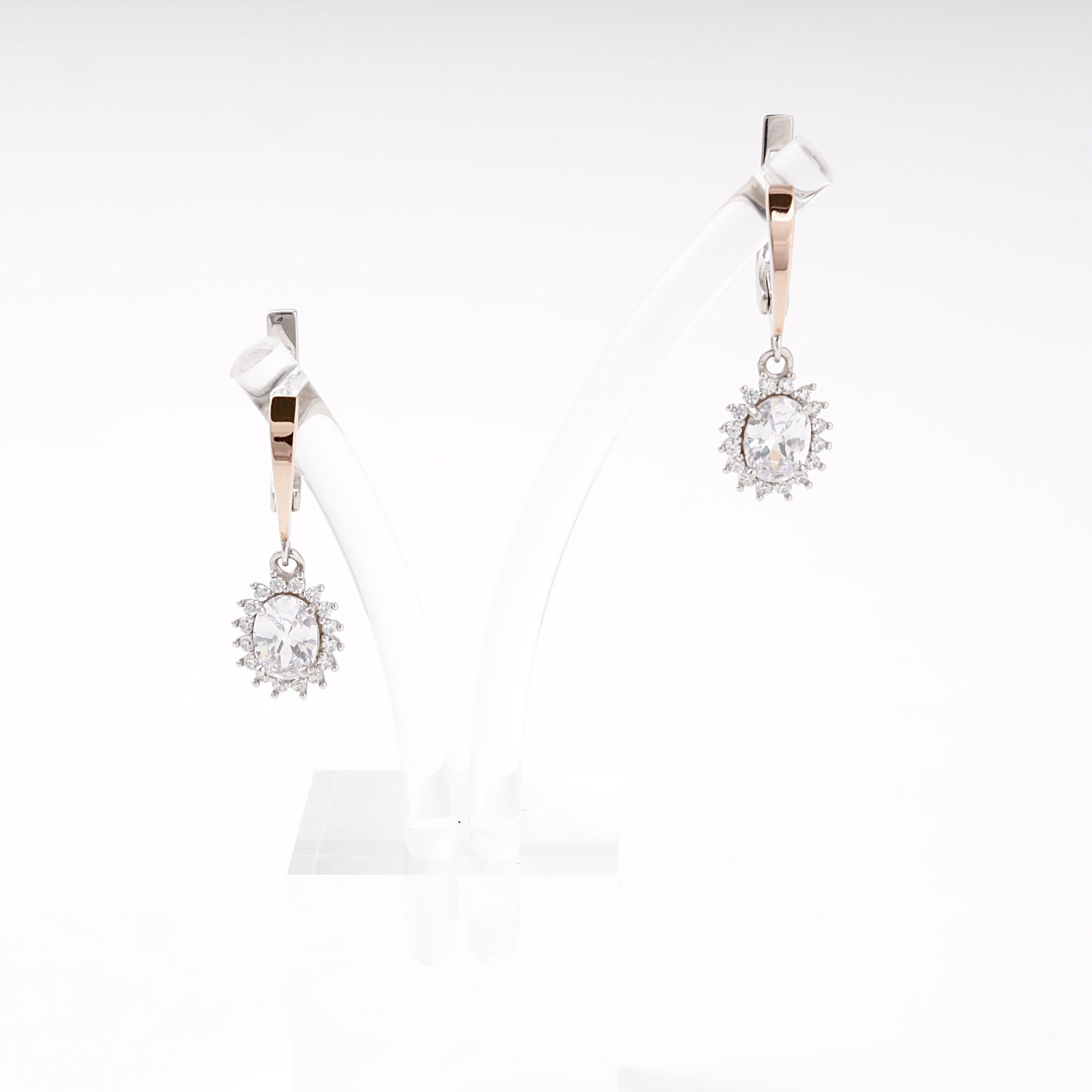 Silver 925 oval halo drop earrings with cubic zirconia — Kabluchka