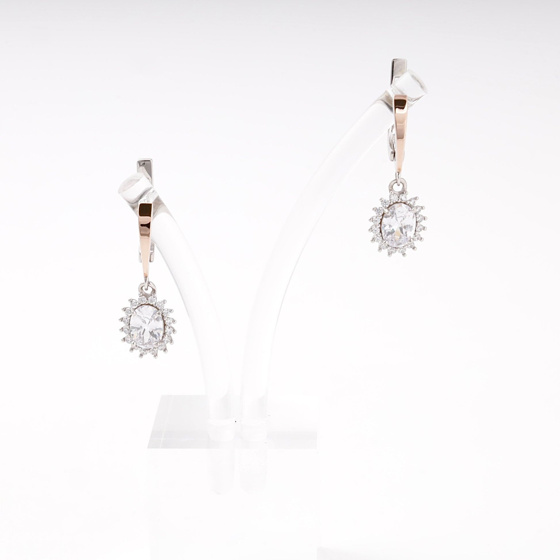 Silver 925 oval halo drop earrings with cubic zirconia — Kabluchka