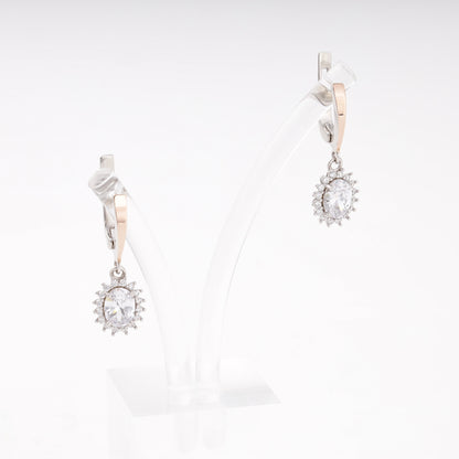 Silver 925 cubic zirconia oval halo drop earrings on a stand — Kabluchka