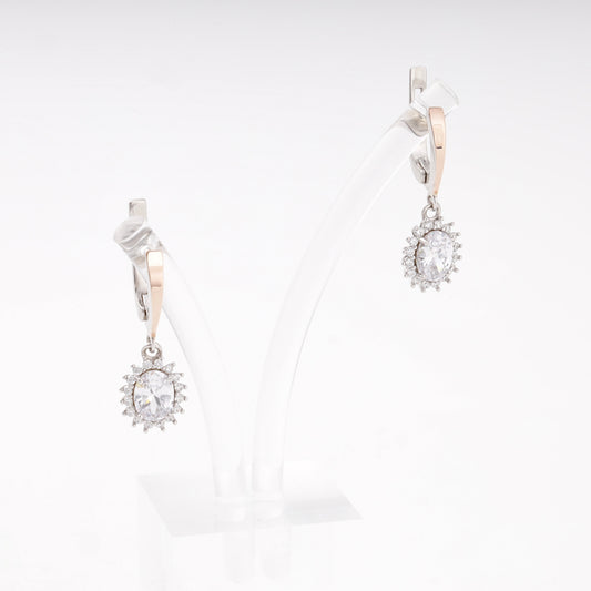 Silver 925 cubic zirconia oval halo drop earrings on a stand — Kabluchka
