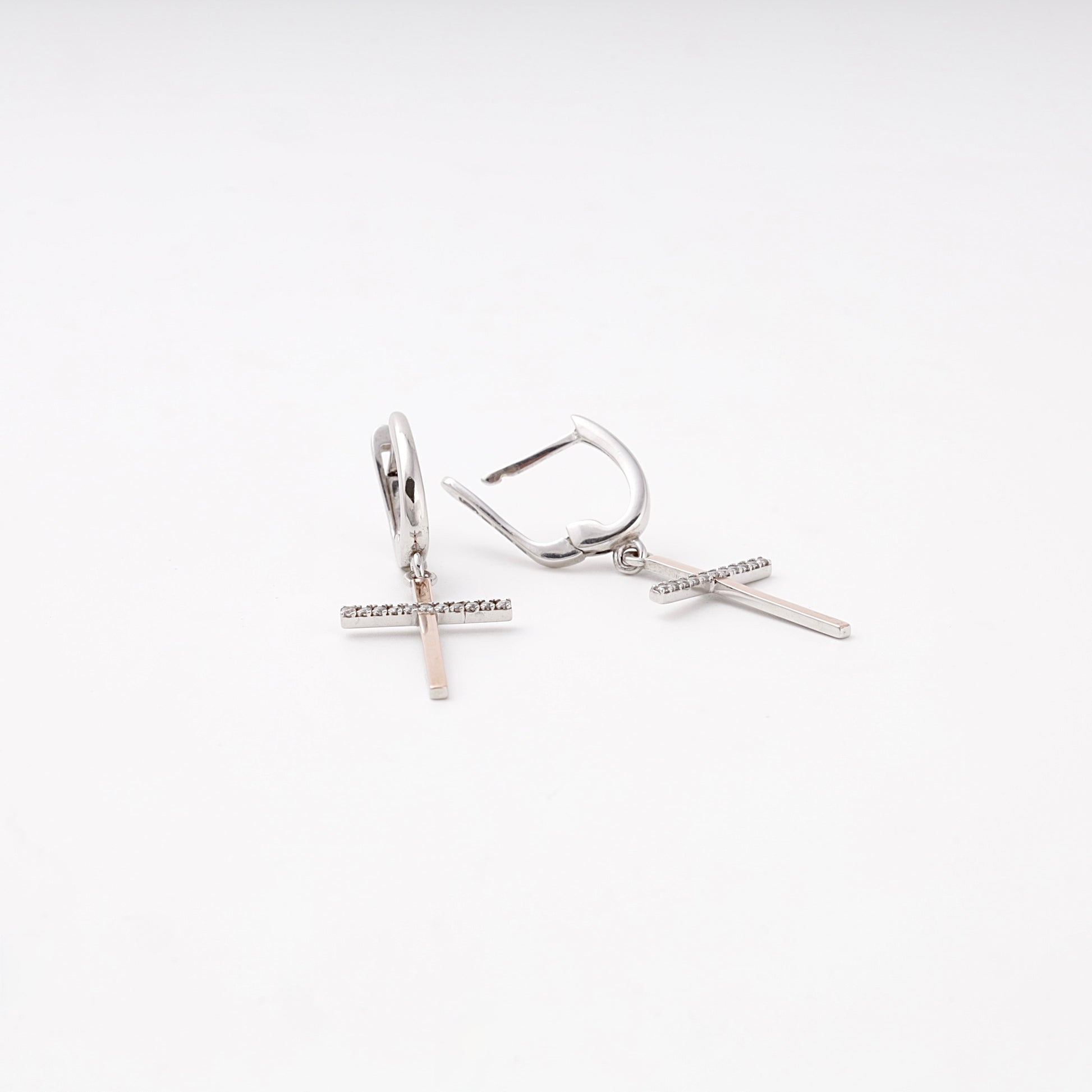 Silver 925 cross drop earrings, cubic zirconia crossbar detail — Kabluchka