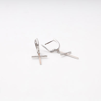 Silver 925 cross drop earrings, cubic zirconia crossbar detail — Kabluchka