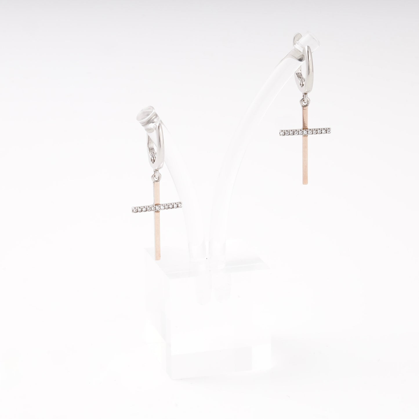 Silver 925 cross drop earrings with cubic zirconia and rose gold — Kabluchka