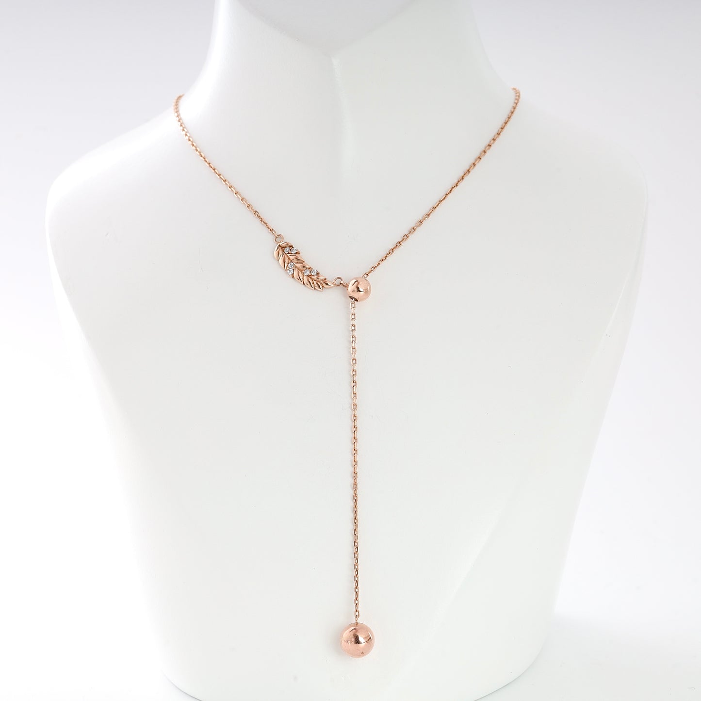 Rose gold Aurelia Y-necklace with leaf pendant and cubic zirconia — Kabluchka Jewelry Store