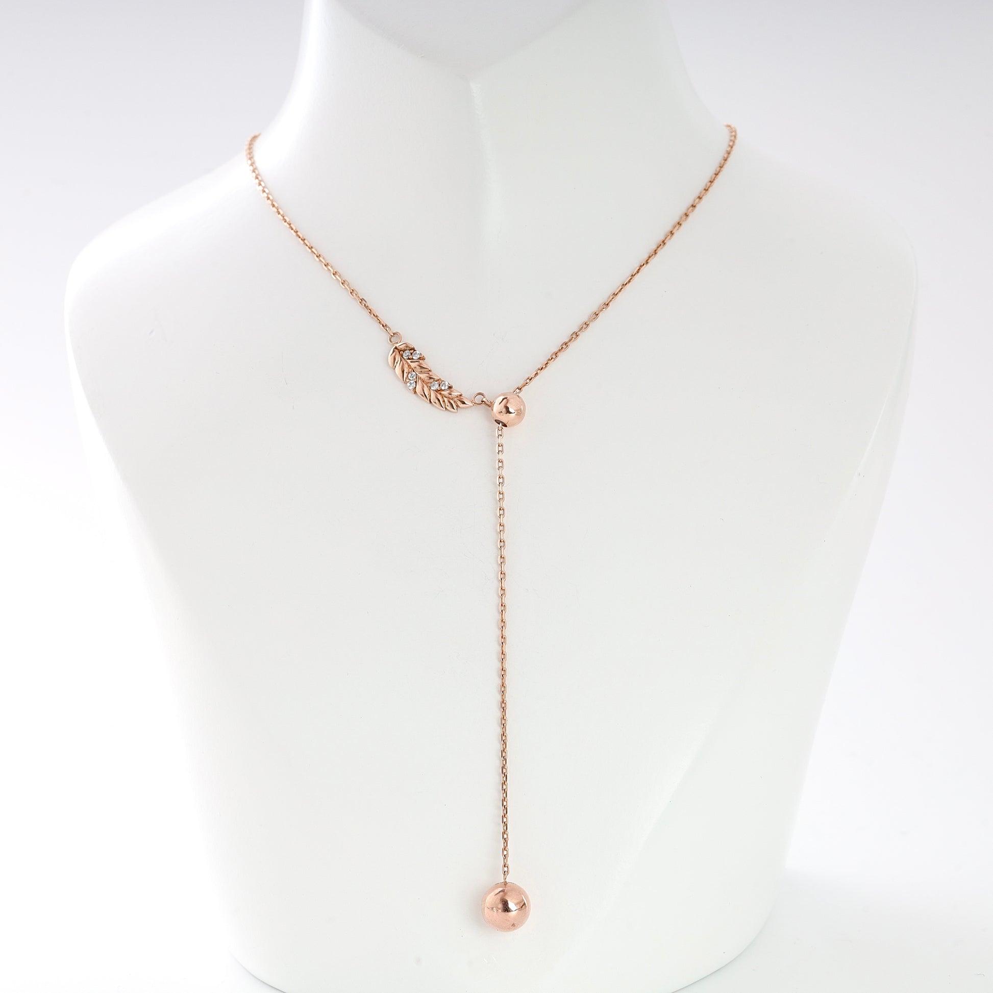 Rose gold Aurelia Y-necklace with leaf pendant and cubic zirconia — Kabluchka Jewelry Store