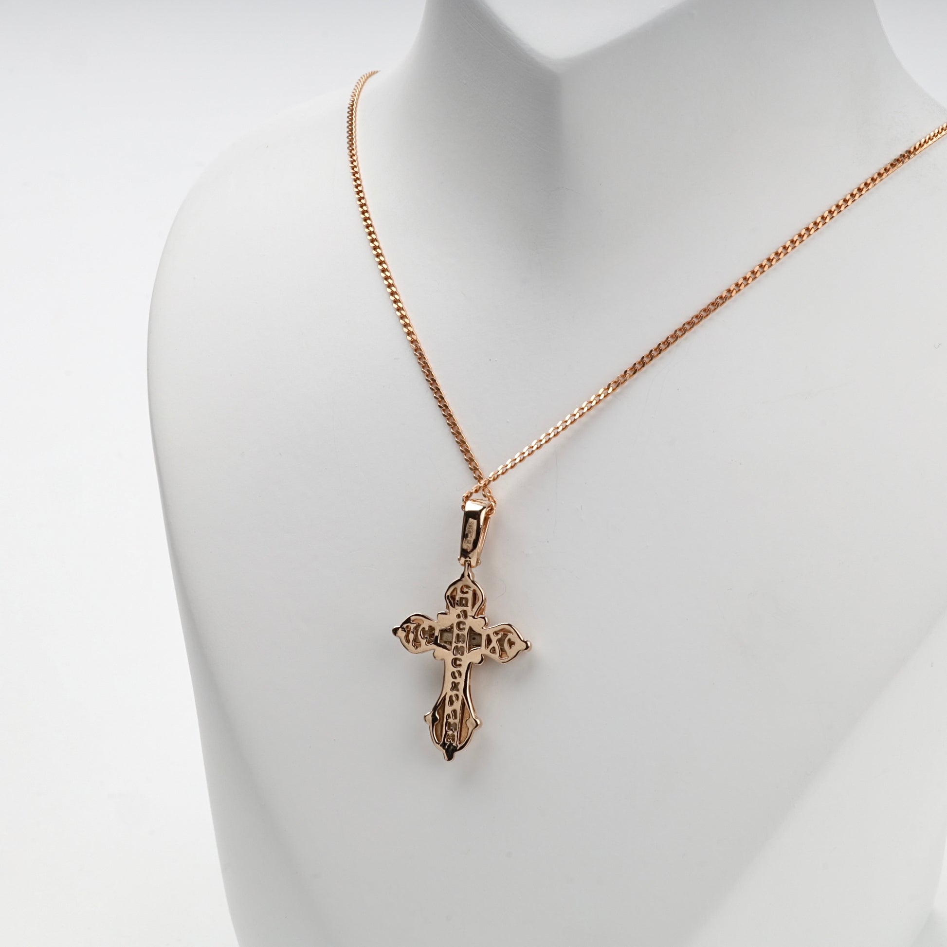 Two-tone Gold 14K (585) cubic zirconia Orthodox crucifix pendant — display view — Kabluchka