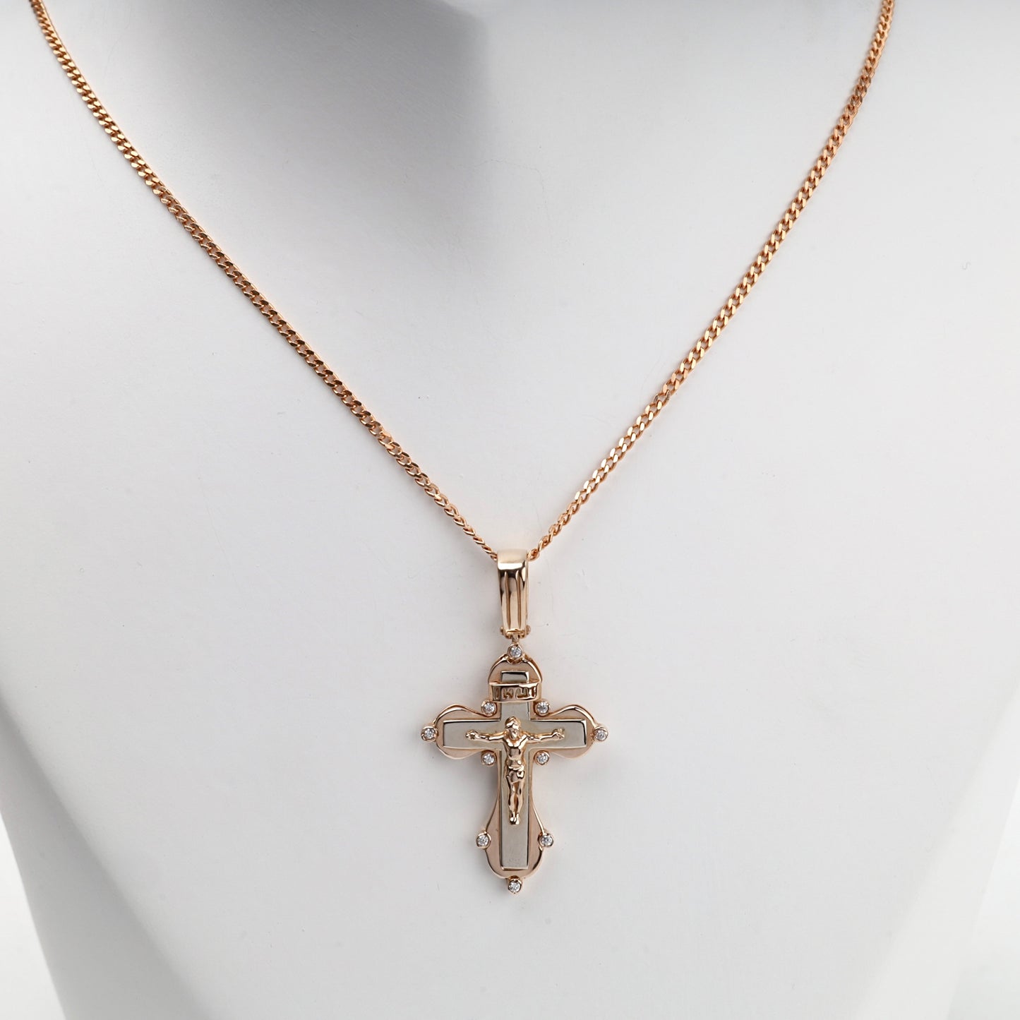 Two-tone Gold 14K (585) cubic zirconia Orthodox crucifix pendant — styled on chain — Kabluchka
