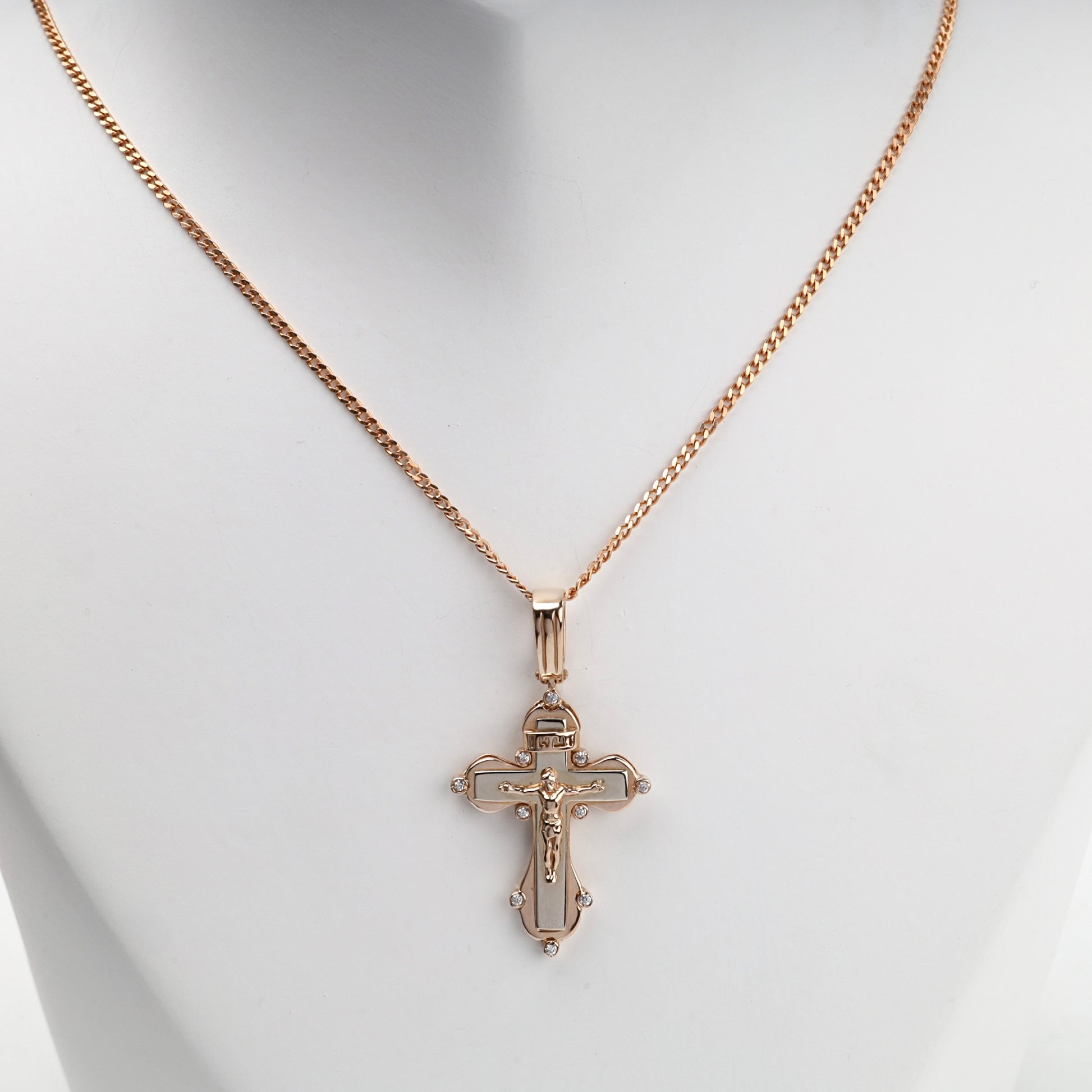 Two-tone Gold 14K (585) cubic zirconia Orthodox crucifix pendant — styled on chain — Kabluchka