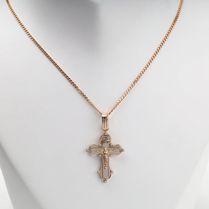 Two-tone Gold 14K (585) cubic zirconia Orthodox crucifix pendant — styled on chain — Kabluchka