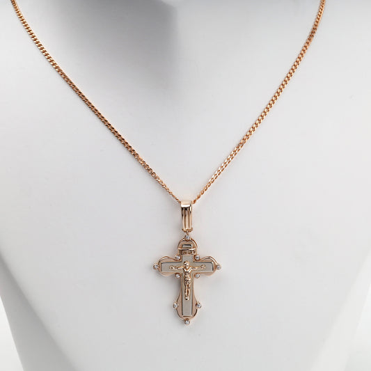Two-tone Gold 14K (585) cubic zirconia Orthodox crucifix pendant — styled on chain — Kabluchka