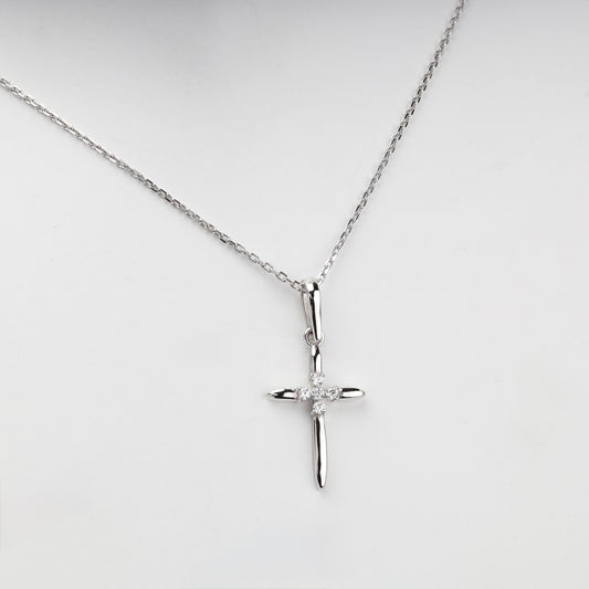 White Gold 14K (585) Cubic Zirconia Cluster Cross Pendant shown on chain, view 1 — Kabluchka