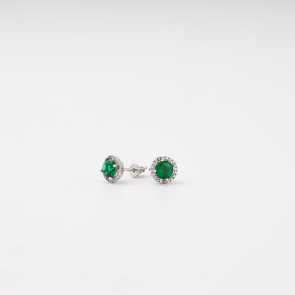 Pair of silver 925 halo stud earrings with green CZ — Kabluchka