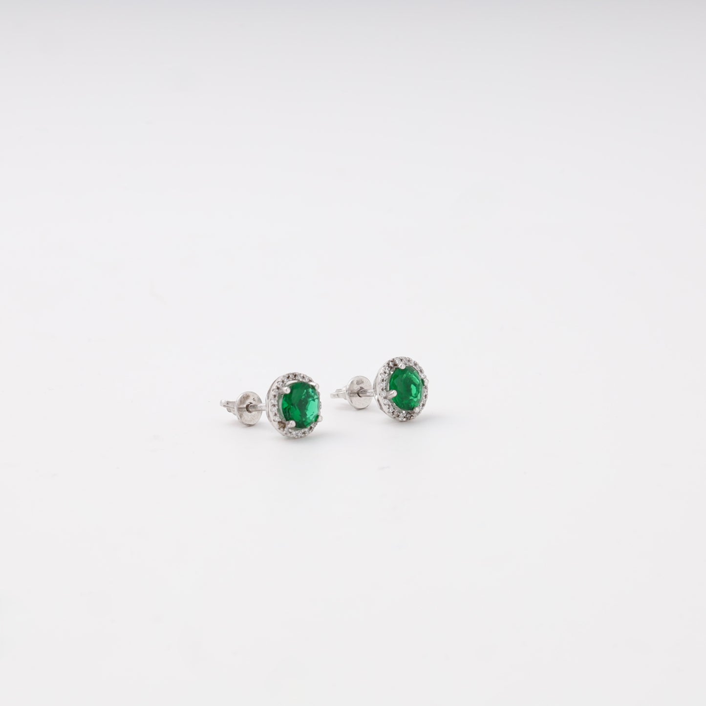 Silver 925 green CZ halo stud earrings close-up — Kabluchka