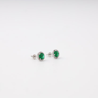 Silver 925 green CZ halo stud earrings close-up — Kabluchka