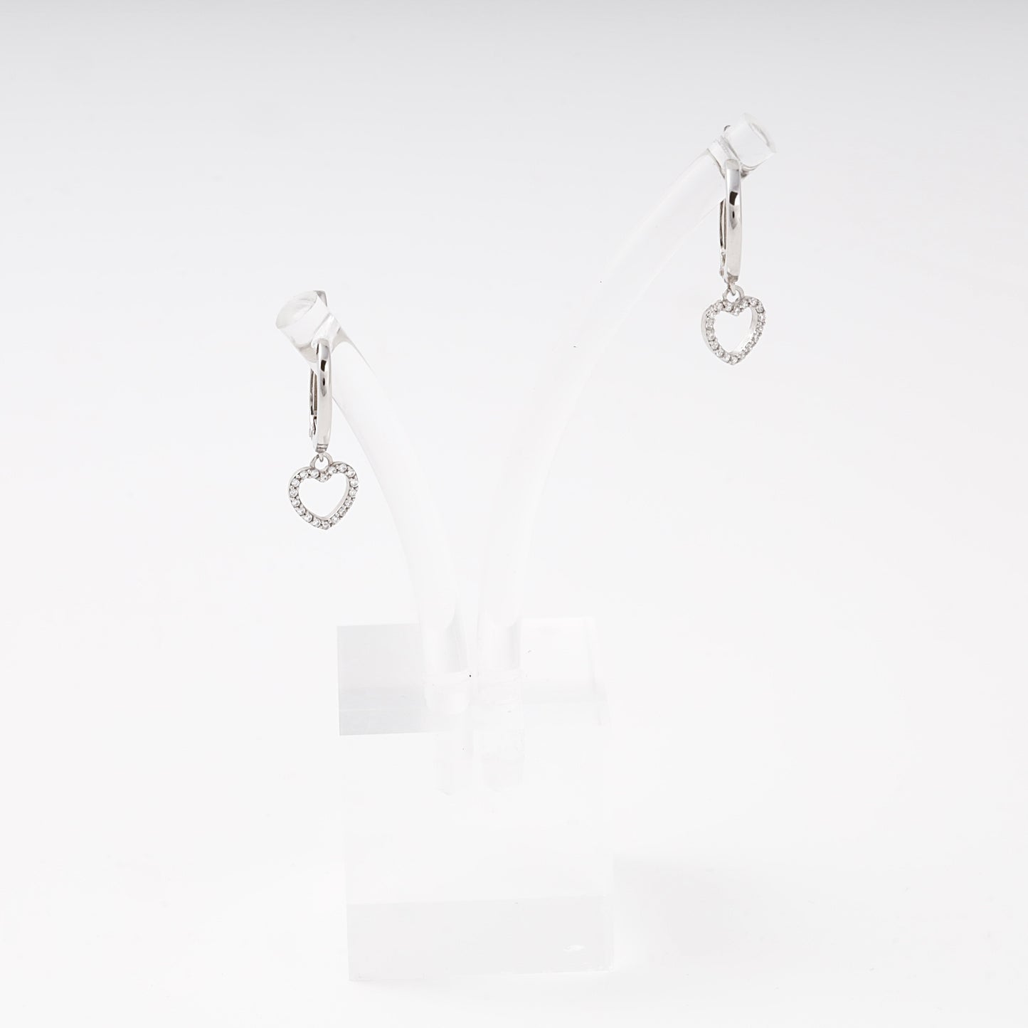 Silver 925 drop earrings with CZ heart charm on display stand, another angle — Kabluchka
