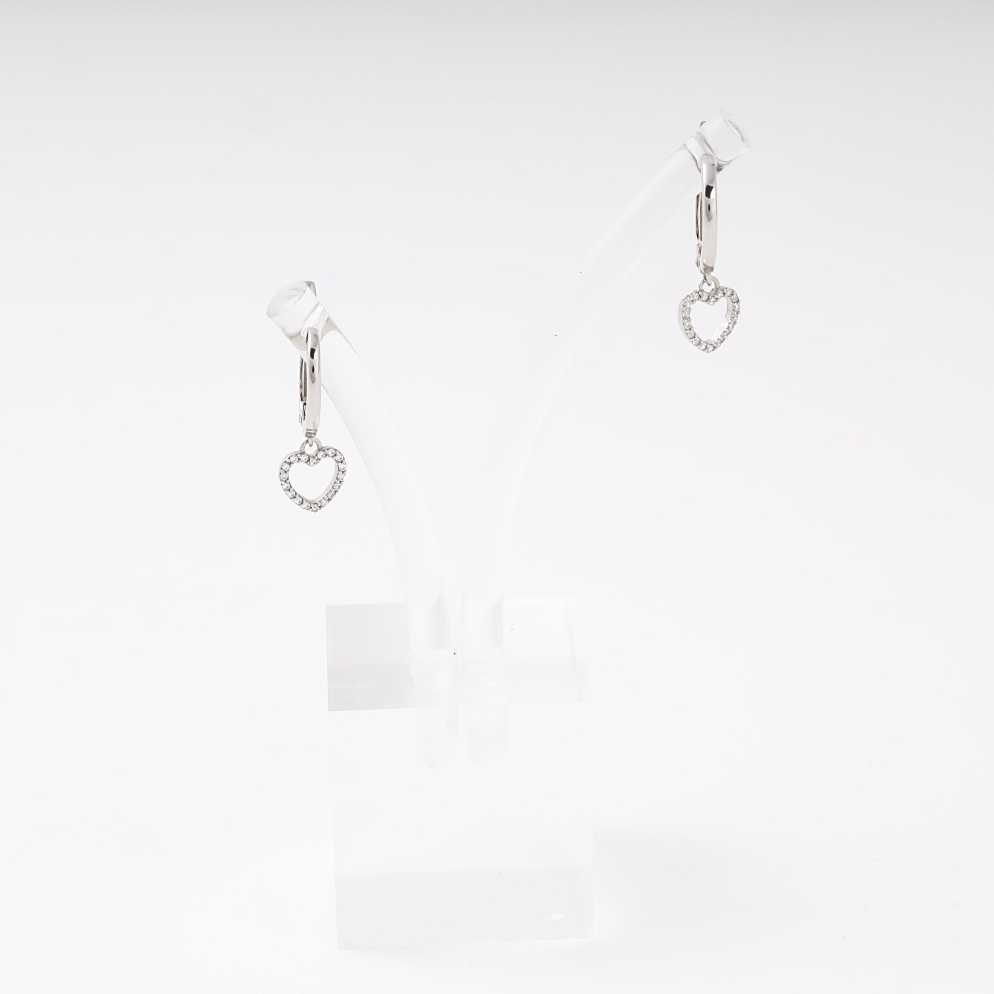 Silver 925 drop earrings with CZ heart charm on display stand, another angle — Kabluchka