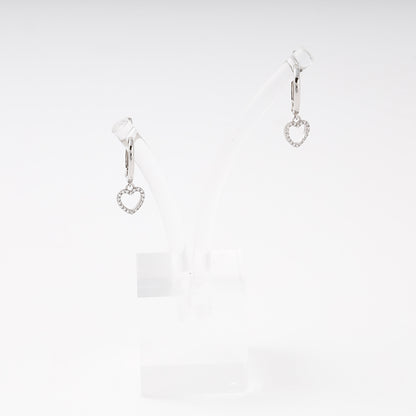 Silver 925 drop earrings with CZ heart charm on display stand, another angle — Kabluchka